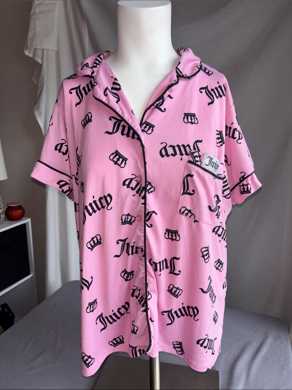 Juicy Couture Pink Short-Sleeve Logo Button-Up Sleepwear